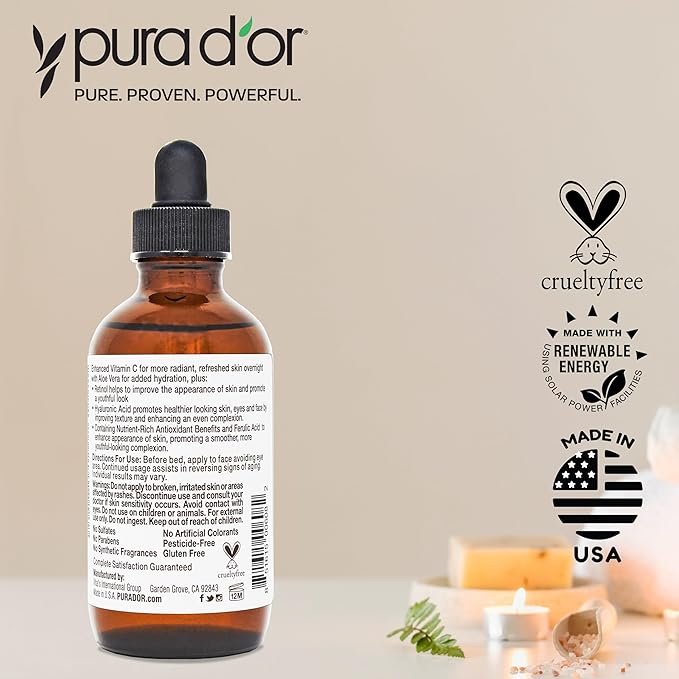 PURA D'OR 20% Vitamin C Facial Serum 4 Oz - Antioxidant Blend with Retinol, Hyaluronic Acid, Vitamin E & Ferulic Acid - Hydrating Lightweight Skincare Formula - Men and Women Daily Use Skin Care Plus