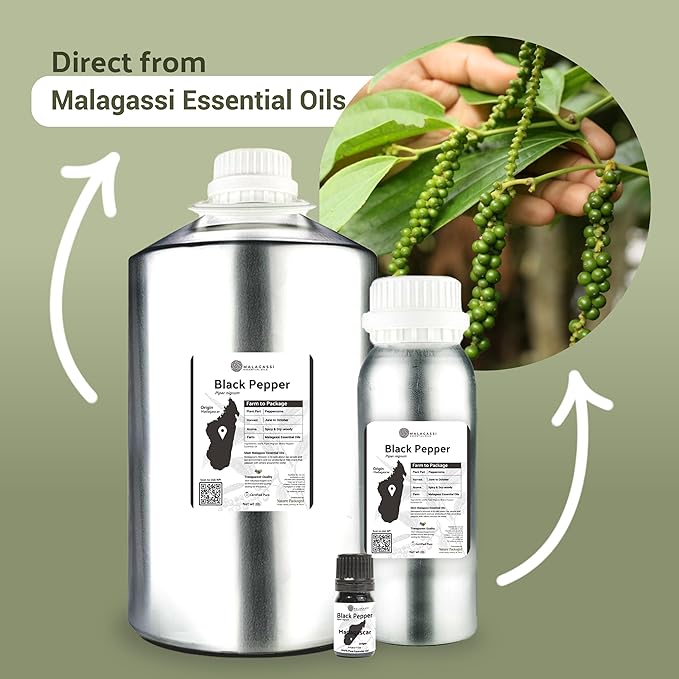 Black Pepper Essential Oil - Direct from Madagascar Farms - Steam Distilled - Aceite Pimienta Negra for Aromatherapy, Massage, Diffuser, DIY Candle and Soap Making - 8oz