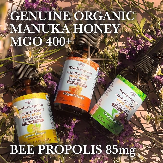 Wedderspoon Propolis and Manuka Honey Throat Spray, Chamomile & Mint, 1 Fl Oz (Pack of 1), Sore Throat Relief, Natural Immune Support