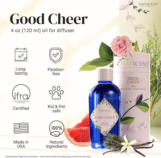 Good Cheer Essential Oils for Diffusers for Home, Nature-derived Citrus Essential Oil, Long-Lasting & Family-Friendly Diffuser Oils Scents, IFRA Certified, Cold Air & Ultrasonic - 4 oz