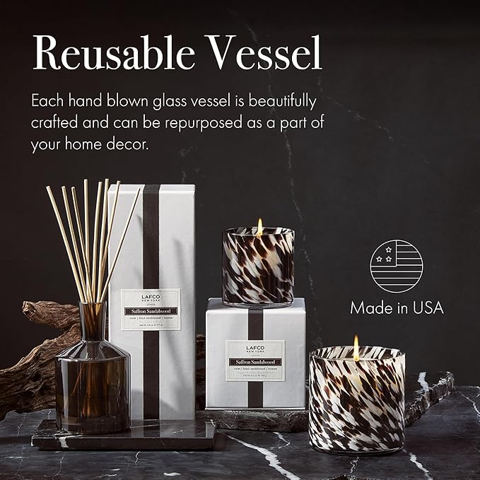 LAFCO New York Fall 3-Wick Candle, Saffron Sandalwood - 30 oz - 120-Hour Burn Time - Reusable, Hand Blown Glass Vessel - Made in The USA