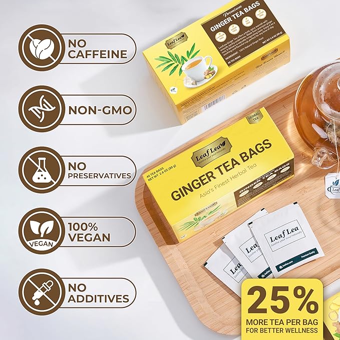 LeafLea 40 Ginger Tea Bags, 100% Pure & Natural from Dried Ginger Root Tea, Spicy & Comforting Herbal Tea Supports Digestion, Caffeine Free, Sugar Free, No Gluten, Non-GMO, Vegan