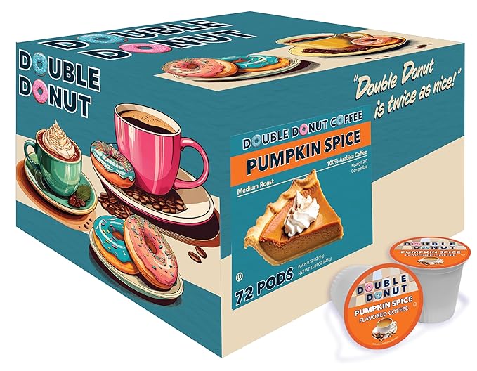 Double Donut Coffee Pumpkin Spice Coffee Pods, Medium Roast Coffee, Compatible with Keurig K Cups Brewers, 72 Count