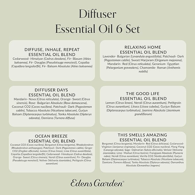 Edens Garden Essential Oils Diffuser 6 Set – 100% Pure Therapeutic Grade Aromatherapy Blends For Stress Relief, Focus & Sleep Support – Undiluted & Natural - For Home, Office & Wellness, 10 ml/ 6 Pack