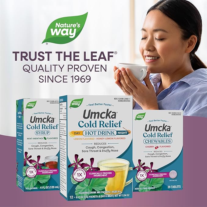Nature's Way Umcka Cold Relief Hot Drink, Homeopathic, Clinically Proven Pelargonium Sidoides 1X, for Cough, Congestion, Sore Throat, Stuffy Nose, Day & Night Formula, 12 Packets (Packaging May Vary)