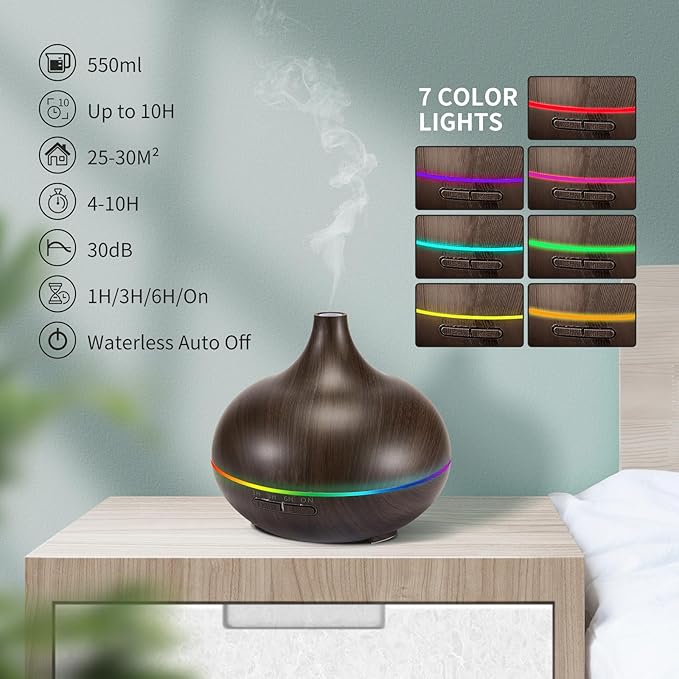 Aromatherapy Essential Oil Diffuser Set - 550ML Ultrasonic Humidifier for Large Rooms - Vaporizer and Aroma Diffuser for Home Bedroom