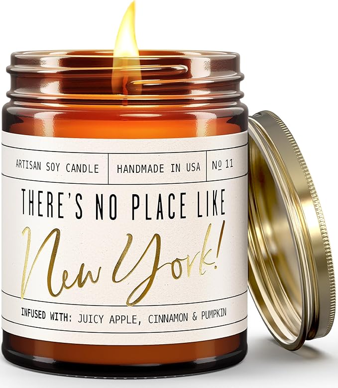 New York Gifts, New York Decor for Home - 'There's No Place Like New York Candle, w/Juicy Apple, Cinnamon & Pumkin I New York Souvenirs I New York State Gifts I 9oz Jar, 50Hr Burn, USA Made