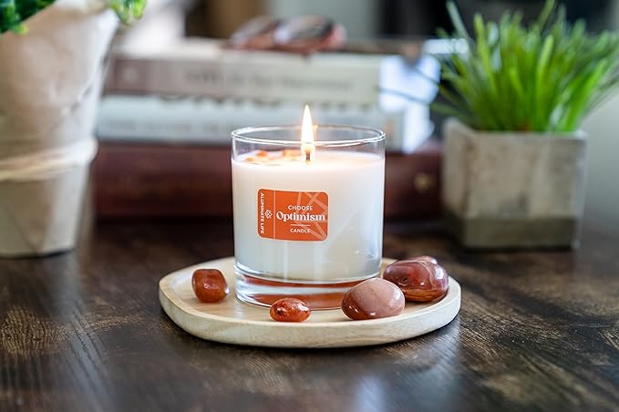Luxury Glass Jar Candle, 8 OZ, Choose Optimism - Carnelian Crystal Infused - Honeysuckle, Orange, Kumquat & Cedar - Hope, Coconut Wax, Essential Oilsonfidence, & Success - C