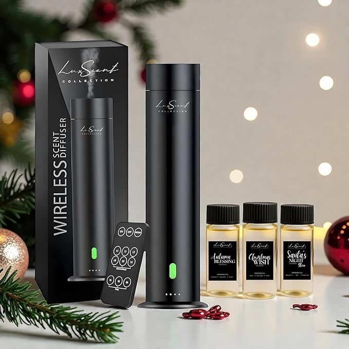 Wireless Aroma Diffuser with 150mL Christmas Scent Oil 3-Pack Included - for up to 1000sq. ft Coverage - Hotel Scent Diffuser - Remote Control - Home Luxury Essential Oil Diffuser - Aromatherapy