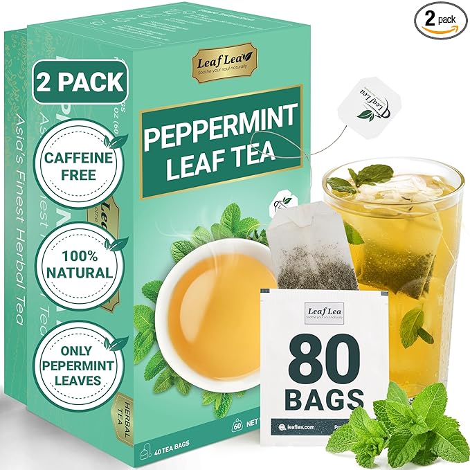 LeafLea 80 Premium Peppermint Tea Bags, 100% Natural Peppermint Leaf Tea, Te de Menta for Soothing Throat & Refreshing Breath, Light and Smooth Flavor, Caffeine-Free, Sugar-Free, Individually Wrapped