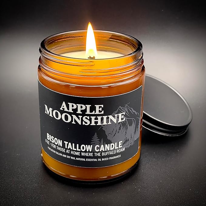 Big Crazy Buffalo Pure Bison Tallow Scented Candle, Apple Moonshine, 8 oz - Scents of Apple, Cinnamon, & Orange - Pure, Low Smoke, Beeswax, Traditional Tallow, Glass Jar