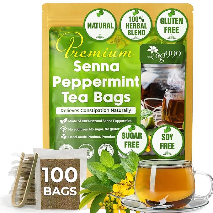TOG999, 100 Tea Bags, Blend of Senna Leaves - Peppermint - Licorice - Fennel, 100% Natural Ingrendients, Hand-made Herbal Tea, Relieves Constipation Naturally Tea, No Sugar, No Caffeine, No Gluten, Vegan.