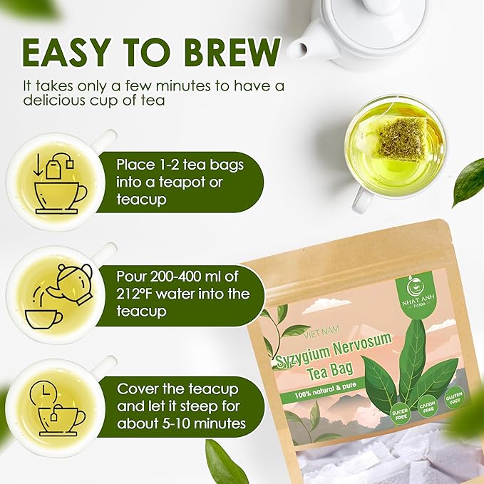 NHAT ANH FARM - Premium Syzygium Nervosum Tea Bags, 100 Syzygium Nervosum Tea Bags, 100% Natural Dried Syzygium Nervosum Leaves, Naturally Sweet Herbal Tea, Sugar-Free, Caffeine-Free, No Additives.