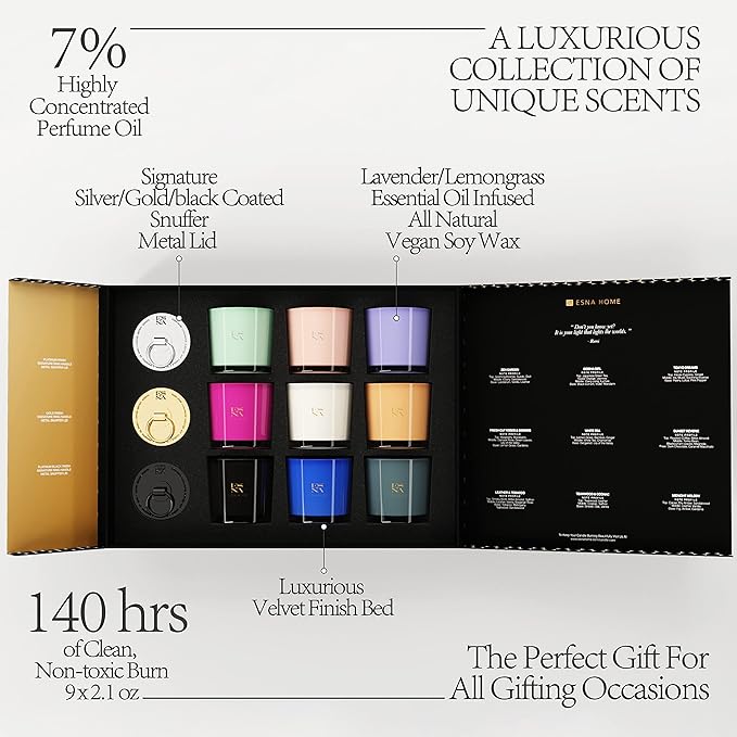 Luxury Aromatherapy Scented Candle Gift Set 9 Votive Candle Archive Set Packed to Perfection in Premium Magnetic Gift Box All Natural Essential Oil 140 hrs Clean Burn Holiday Candle Christmas