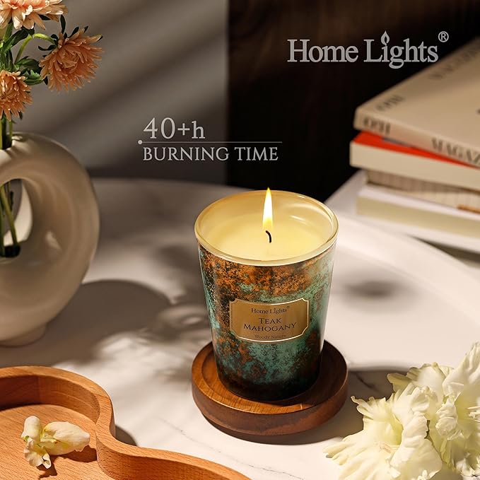 HomeLights Large jar Candle | 1-Wick Long-Lasting Scented Candles, 6.7oz Natural Soy Wax Candle for Home Scented, Industrial Chic Gifts for Women & Men, Teak Mahogany