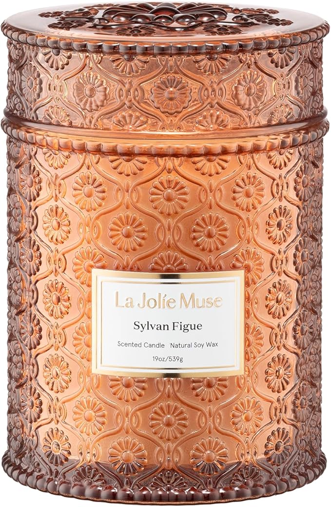 LA JOLIE MUSE Sylvan Figue Candle | Fig Leaf, Red Berries, Sandalwood | 19 oz Large Wooden Wick Candle | Natural Soy Wax | 90 Hours Clean Burn | Gift-Ready for Hosts | Elegant Home Décor