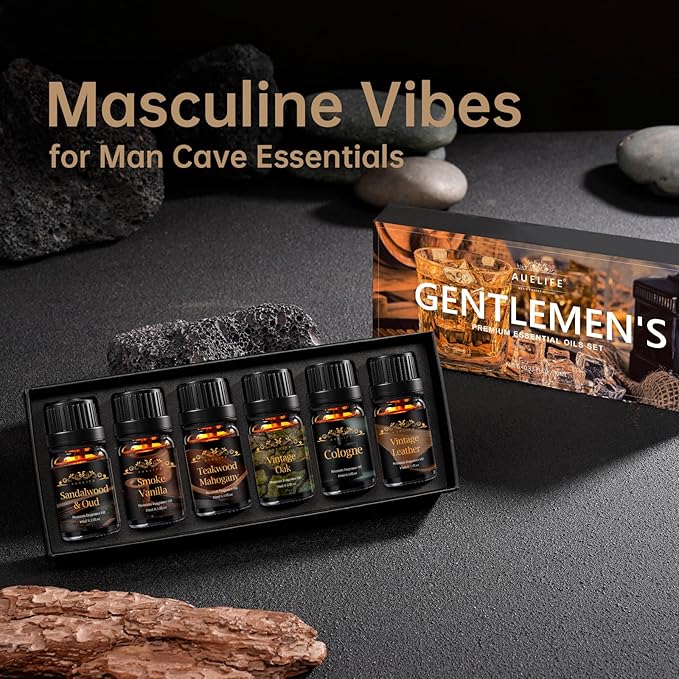 Men Essential Oils Set for Diffuser, Valentine's Day Gift for Men - 6x10ml Masculine Fragrance Oils for Candle Making, Scented Oil Gift Set, Mahogany, Sandalwood, Cologne, Smoke Vanilla, Oak, Leather