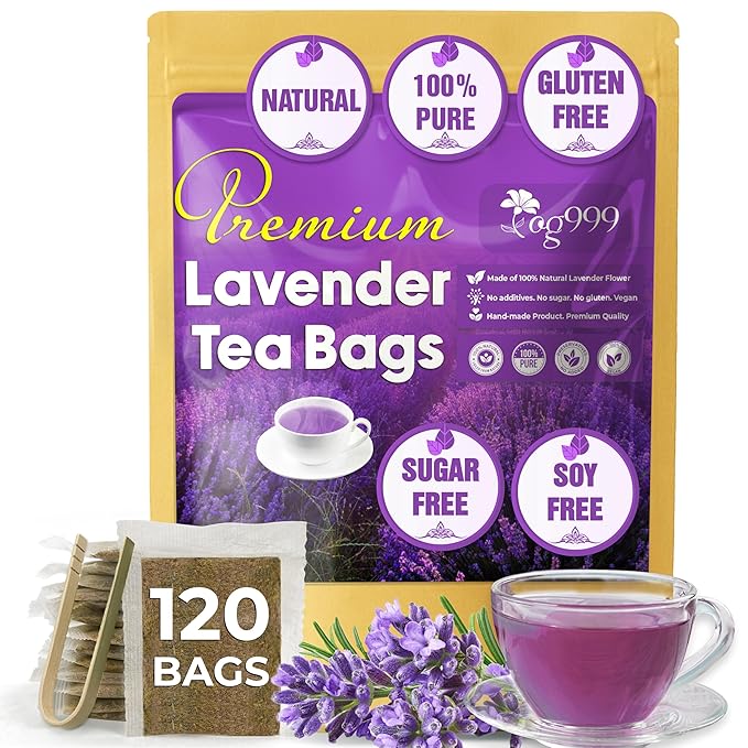 TOG999, Premium 120 Lavender Flower Tea Bags, 100% Natural & Pure. Loose Flower Lavender Herbal Tea. No Sugar, No Caffeine, No Gluten, Vegan.
