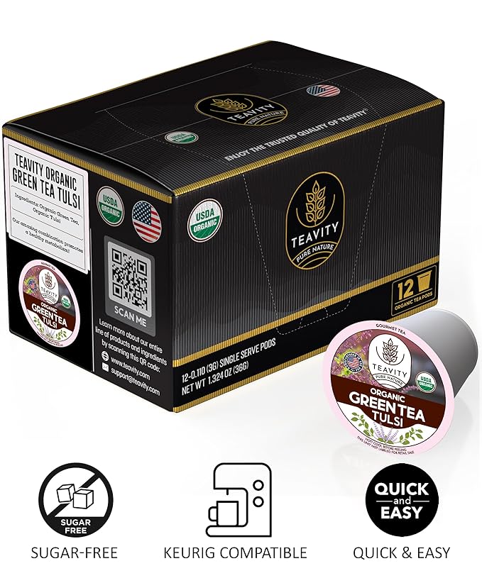 Organic Tulsi Tea Pods with Unsweetened Caffeinated Green Tea Pods for Keurig - Tulsi Green Tea by Teavity (36 Tea Pods)