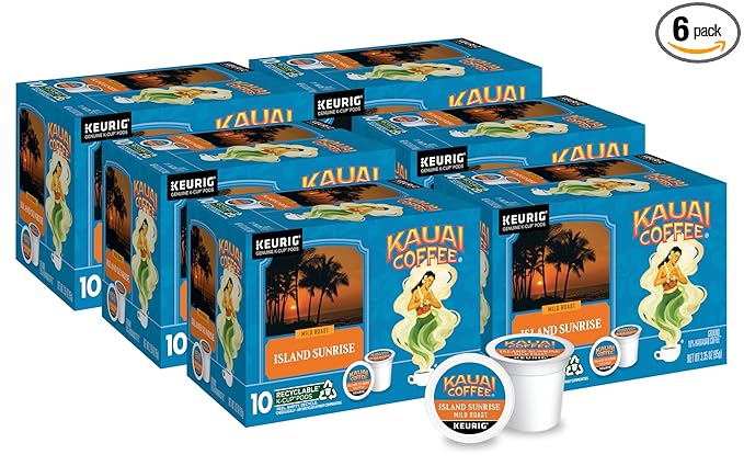 Kauai Coffee Island Sunrise Mild Roast - Compatible with Keurig K-Cup Brewers, 10 CT (Pack of 6)