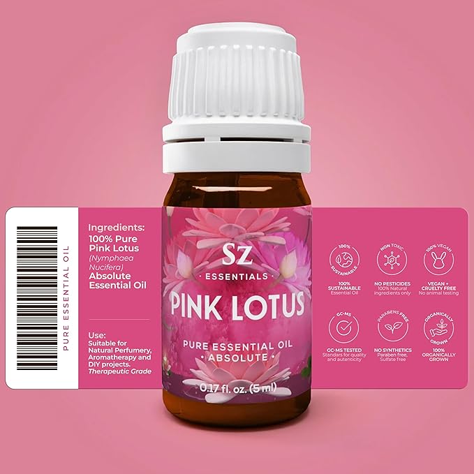 Pink Lotus 100% Pure, Essential Natural Oil - Extracted from Nymphaea Nucifera - Divine & Sweet Scent, with Exotic Floral Overtones - Therapeutic Grade & Vegan - 0.17oz (5ml)