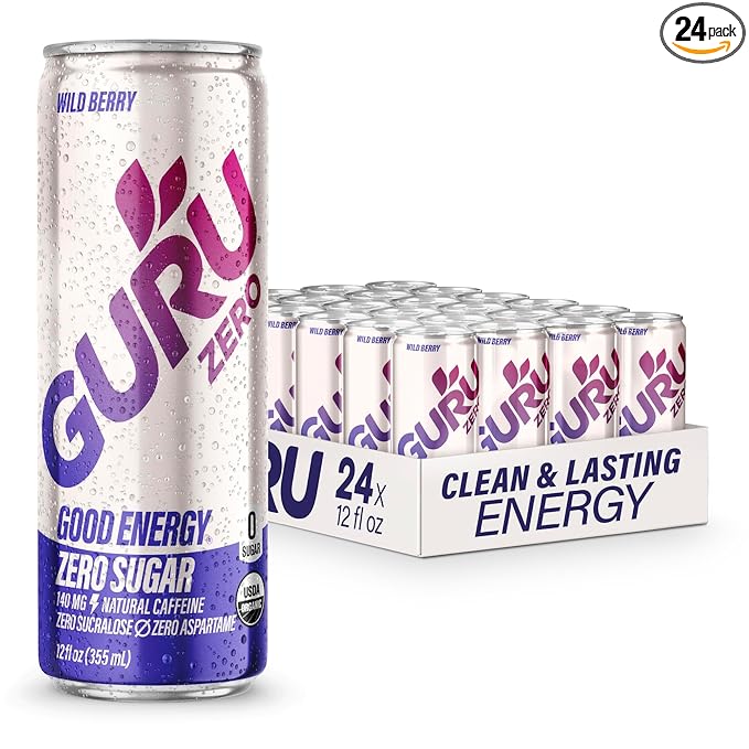 GURU ZERO SUGAR Wild Berry Organic Energy Drink with Plant Based Natural Caffeine from Green Tea, Coconut Water, Prebiotic, Zero Added Sugars, Gluten Free & Vegan, Pre Workout, 140MG Caffeine, 12 Oz (Pack of 24)