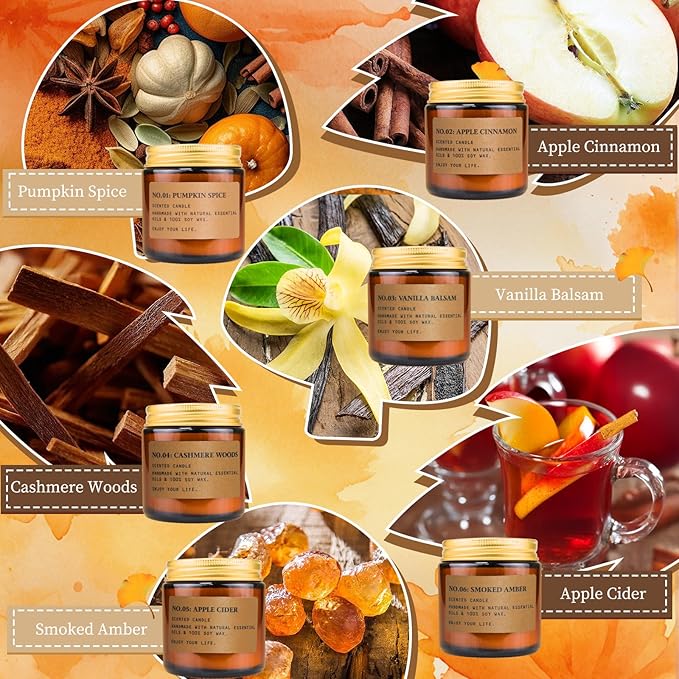 Fall Candles for Home Scented, 6 x 3.5 oz Soy Wax & 150 Hours Long Lasting Fall Winter Candles Sets, Gifts for Women Birthday Thanksgiving Day Merry Christmas | Apple Cinnamon Pumpkin Spice|