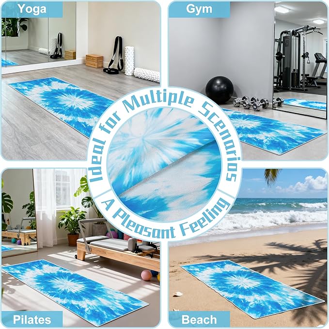 alissgorat Yoga Mat Towel,Hot Yoga Towel High-Definition Pattern,Machine Washable with Ultra-Absorbent Yoga Towels for Hot Yoga Non Slip for Fitness,Exercise,Pilates,72 x 27 in,Blue & White