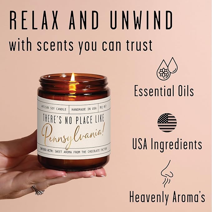 Pennsylvania Gifts, Pennsylvania Decor for Home - 'There's No Place Like Pennsylvania Candle, w/Aroma of The Chocolate Factory I Pennsylvania Souvenirs State Gifts I 9oz Jar, 50Hr Burn, USA Made