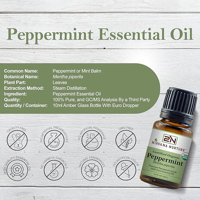 Peppermint Essential Oil USDA Certified Organic 100% Pure Premium Therapeutic Grade, Undiluted - Aromatherapy Diffuser for Calm and Relaxation, Skin Care, Hair Care