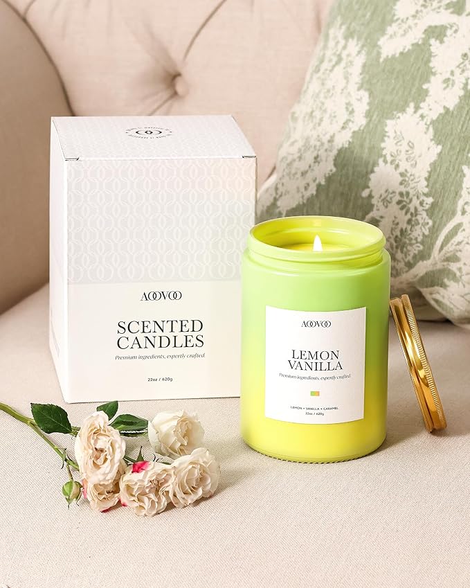 AOOVOO Lemon Vanilla Candles - Scented Candle Gift for Women, 22 oz Large Soy Candle, 120 Hours Burn, Jar Candle for Home Scented, Relaxing, Stress Relief Candles