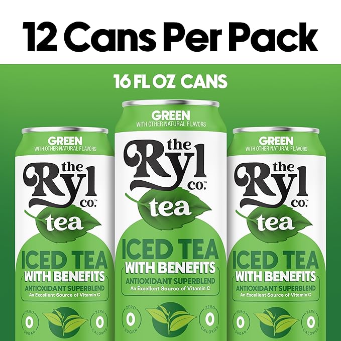 Ryl Iced Tea, Green, Antioxidant Superblend, Zero Sugar, Low Carb, Zero Calorie Iced Tea, 16.0 Fl Oz (12-Pack)