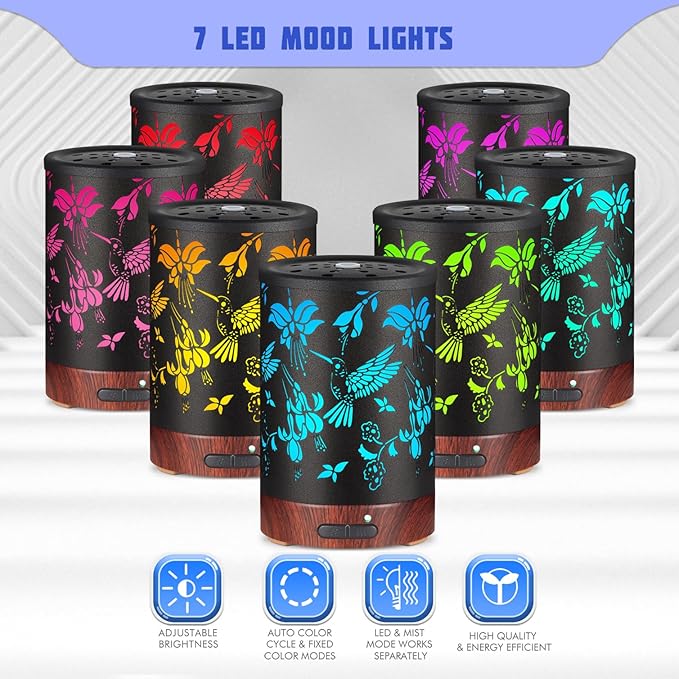 Metal Essential Oils Diffuser 150ML Christmas Aromatherapy Diffuser Cool Mist Humidifier with 7 Colors Lights Waterless Auto Off Air Diffusers as Gifts for Mom (B-Hummingbird)