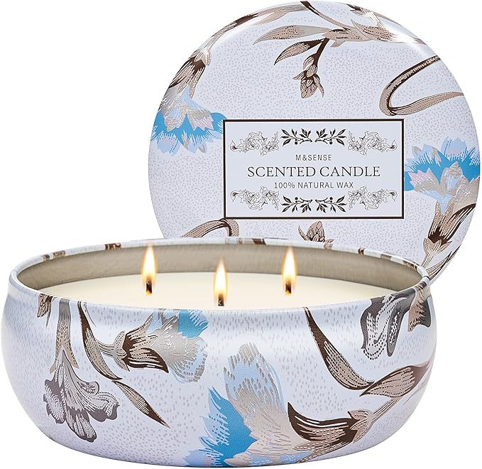 M&SENSE Happy Gardenia Scented Candles Large 3 Wick Soy Tin Candle, Over 40 Hour Burning Time, 100% Natural Vegan Wax Relaxing Aromatherapy Aesthetic Candle Gift for Women Men
