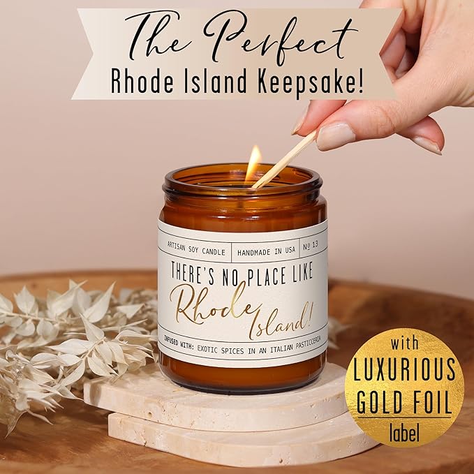 Rhode Island Gifts, Rhode Island Decor for Home - 'There's No Place Like Rhode Island Candle, w/Vanilla, Cardamon & Orange I Rhode Island Souvenirs State Gifts I 9oz Jar, 50Hr Burn, USA Made
