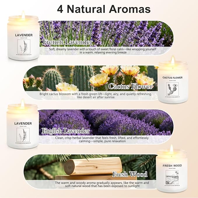 4 Pack Soy Wax Candle Gift Set – Long Lasting Aromatherapy Candles for Home, Lavender, Cactus Flower & Wood Scents, Natural Relaxing Spa Candles for Women