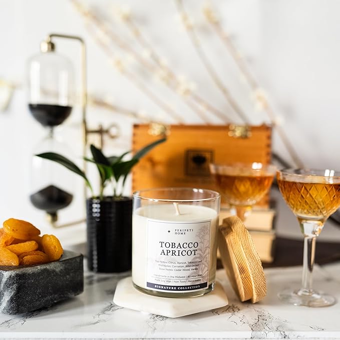 PERIPETI Home Tobacco + Apricot Scented Candle - Classic Wick, 8.5oz Natural Soy Wax for Warm & Fruity Aromatherapy - Long-Lasting Bold Fragrance for Home or Office