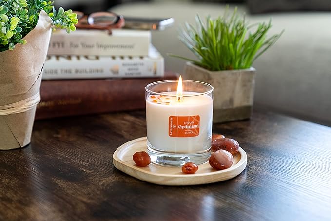 Luxury Glass Jar Candle, 8 OZ, Choose Optimism - Carnelian Crystal Infused - Honeysuckle, Orange, Kumquat & Cedar - Hope, Coconut Wax, Essential Oilsonfidence, & Success - C