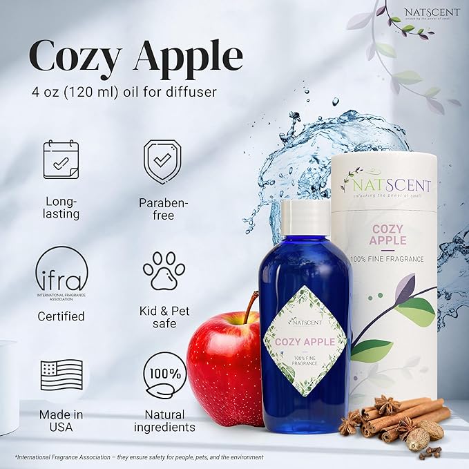 Cozy Apple Essential Oils for Diffusers for Home, Nature-derived Fall Essential Oils, Long-Lasting & Family-Friendly Diffuser Oils Scents, IFRA Certified, Cold Air & Ultrasonic - 4 oz