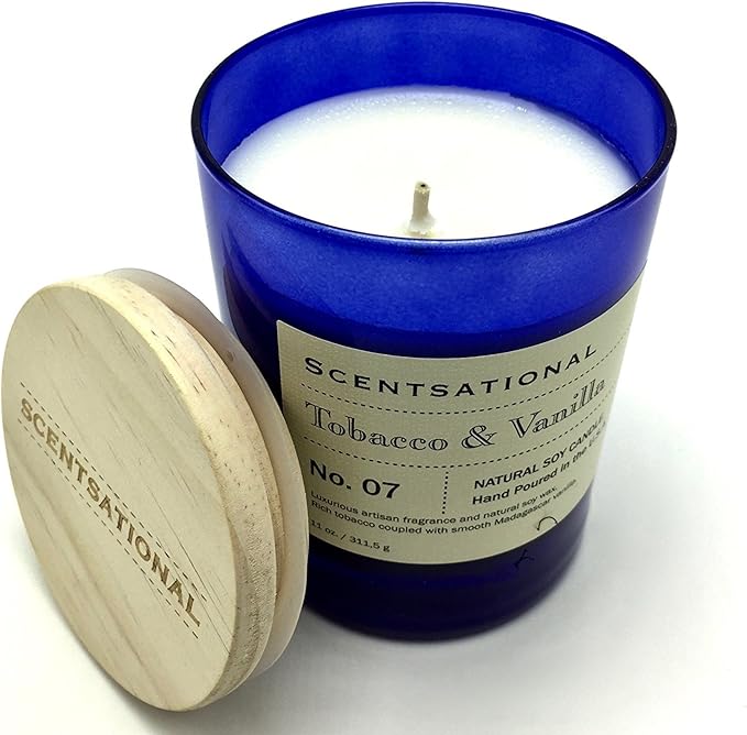Scentsational Tobacco and Vanilla Natural Soy Candle - Single Lead-Free Wick - Earthy Sweet Smell - Hand Poured in Blue Jar with Wooden Lid - 11 oz