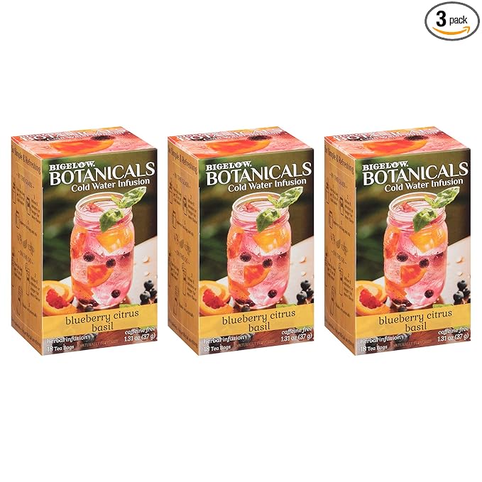 Bigelow Botanicals Cold Water Infusion Blueberry Citrus Basil Tea Bags 18 Count Box (Pack of 3), Herbal Infusion, Caffeine Free, 54 Tea Bags Total