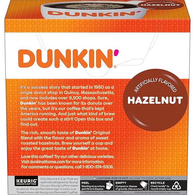 Dunkin' Hazelnut Flavored Coffee, 128 Keurig K-Cup Pods
