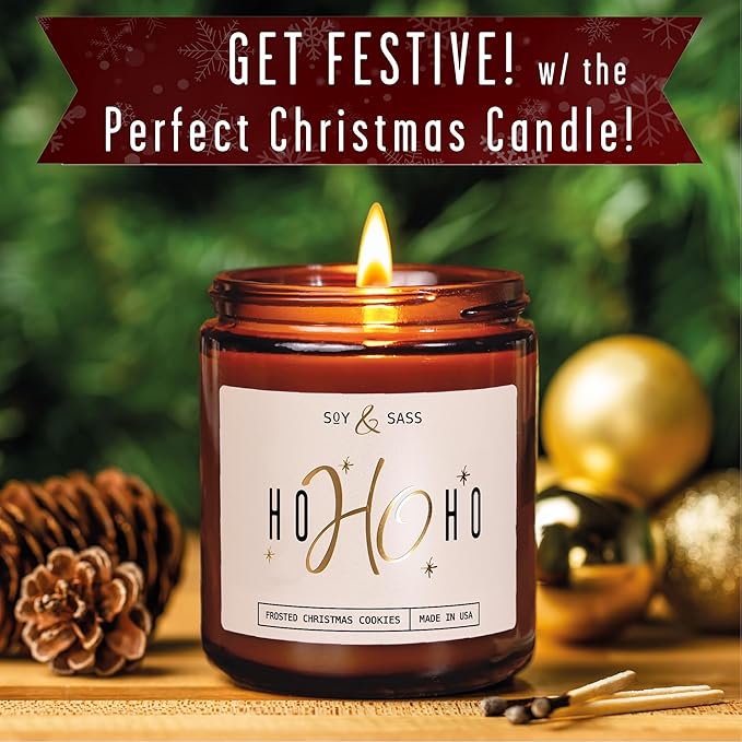 Christmas Candles Scented – ‘Ho Ho Ho’ Soy Christmas Candle, with Santa's Cookies Scent - Infused with Essential Oils I Holiday Candles I 9oz, 50Hr, Made in USA