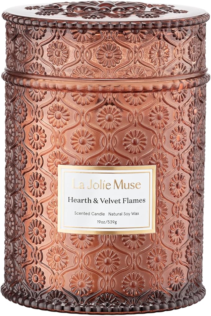 LA JOLIE MUSE Christmas Candles | Hearth & Velvet Flames | Saffron, Clove & Vanilla | 19 oz Large Wooden Wick Soy Candle | 90-Hour Clean Burn | Holiday Candle Gift | Gift-Ready for Hosts & Festive Gat