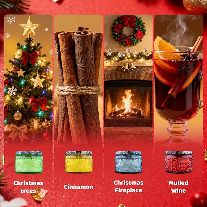 Christmas Scented Candles Gift Set - Holiday Soy Wax Candles with Festive Scents - Christmas Tree, Fireplace, Cinnamon, Mulled Wine - Great Gifts for Women, Home Decor, 4 Pack