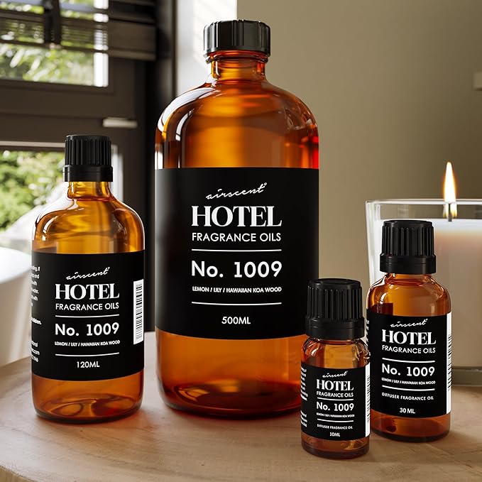 AirScent Hotel Diffuser Oil No. 1009 - Lemon Lily Hawaiian Koa Wood - Hotel Scent Dupe - Premium Fragrance Oil for Ultrasonic and Waterless Diffusers and Crafting - 10 mL, .34 ﬂ oz Glass Bottle