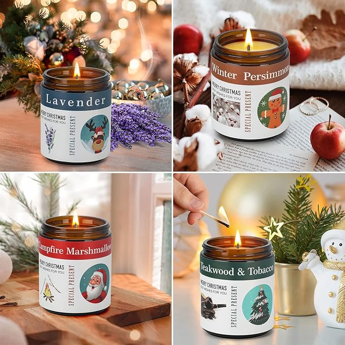 4-Pack Christmas Candles for Home Scented,7.1 oz Soy Wax Holiday Gifts Set with Festive Stickers - Kaki Persimmon, Lavender, Teakwood Tobacco, Bonfire Marshmallow for Home Decor, Aromatherapy