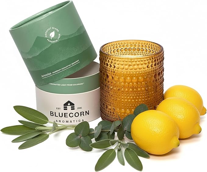 Bluecorn Aromática Scented Candle, Artemisa Fragrance with Clary Sage, Cardamom & Cedarwood, Vegan Coconut Wax Candle, Long Lasting Candle for Home Decor, Gifts for Women & Men, American Made, 6 Oz