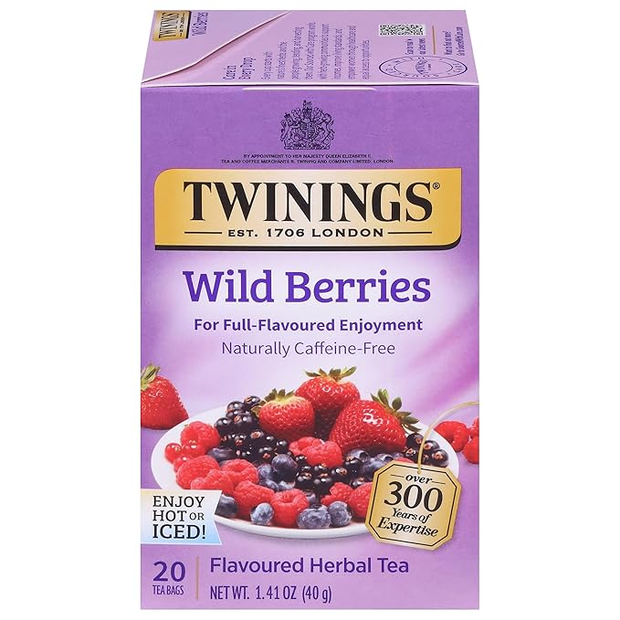 Twinings Wild Berries Herbal Tea Individually Wrapped Bags, 20 Count (Pack of 1), Full-Flavoured, Naturally Caffeine-Free, Enjoy Hot or Iced, 20 Teabags