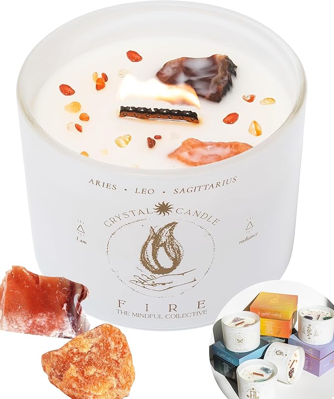 Aries, Leo, Sagittarius Gifts for Women - 12oz Wood Wick Candles That Crackle with Crystals and Healing Stones. Healing Crystal Candles for Women Home Scented. Soy Wax, for Zodiac Birthdate